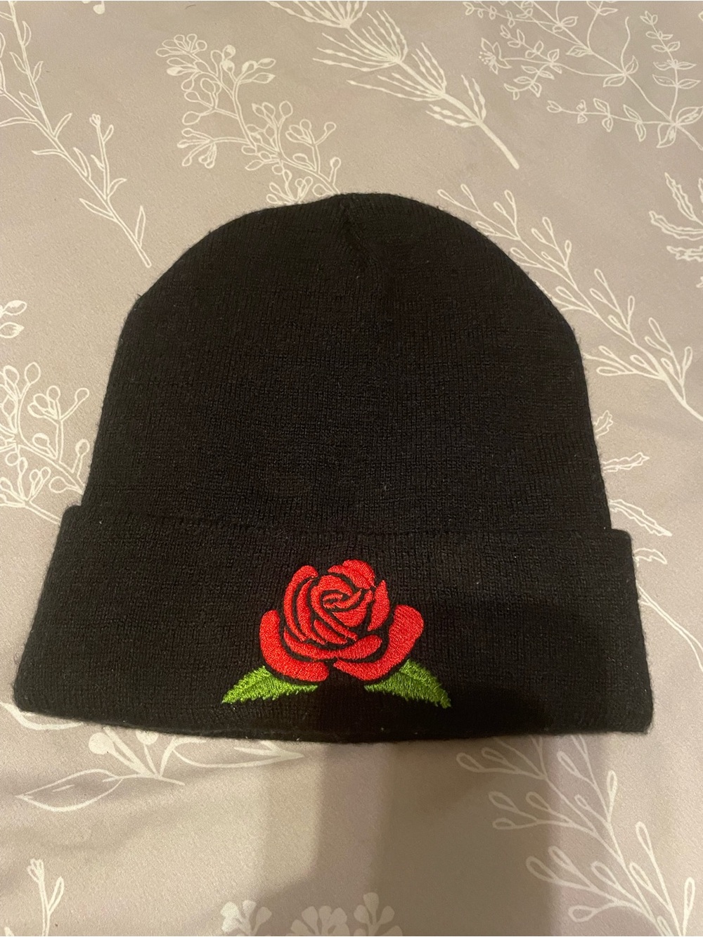 Black Beanie with Red Rose Embroidery